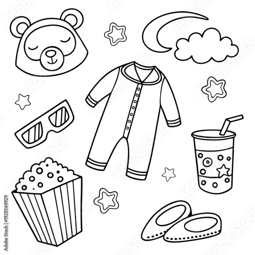 Cozy pajama party doodle outline collection in black and white, featuring sleepover essentials for a fun and relaxed vibe