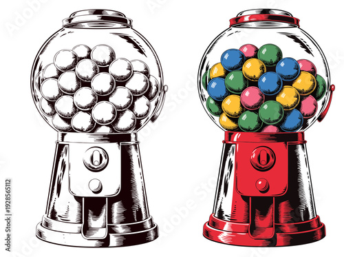 Vintage Gumball Machines Filled with Colorful and White Gumballs Displayed Side by Side on a Plain Background from a Front Viewpoint