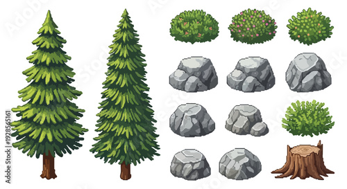 A pixel art style collection of outdoor natural elements: two pine trees, three types of bushes, six distinct rocks, and a tree stump.