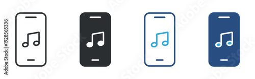 Music player app icon set, smartphone with music note symbol, outline and filled vector illustration