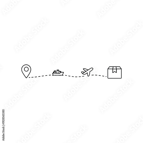 Black and white shipping route icon set with location pin cargo ship airplane and delivery box for online shopping and ecommerce