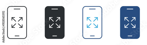 Fullscreen mode icon set, mobile expand arrows symbol, line and solid style vector illustration
