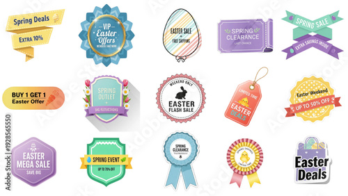 Spring Easter Sale Badges Set – Colorful Retro Labels, Stickers, Ribbons, Seals and Tags Vector Illustration for Marketing, Promotions, Discounts and Coupons