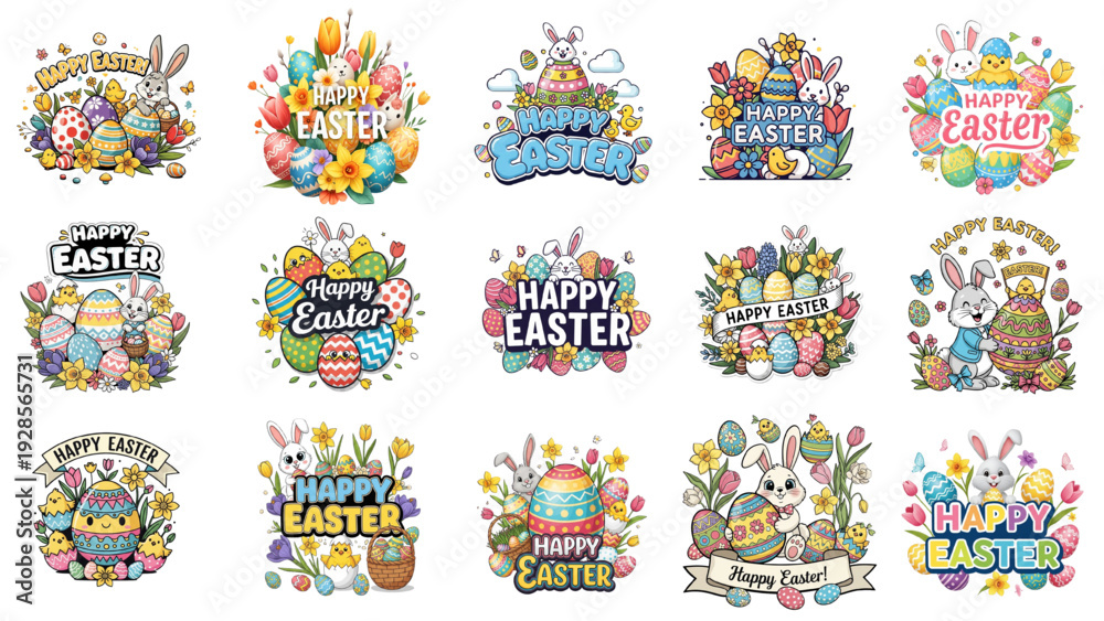 Fototapeta premium Happy Easter badge clipart set with bunny, eggs, flowers and baskets – colorful cute cartoon spring holiday typography labels, stickers and emblems vector illustration