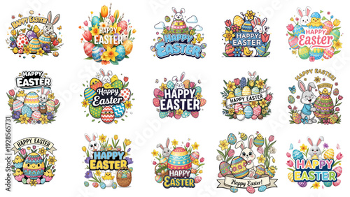 Happy Easter badge clipart set with bunny, eggs, flowers and baskets – colorful cute cartoon spring holiday typography labels, stickers and emblems vector illustration