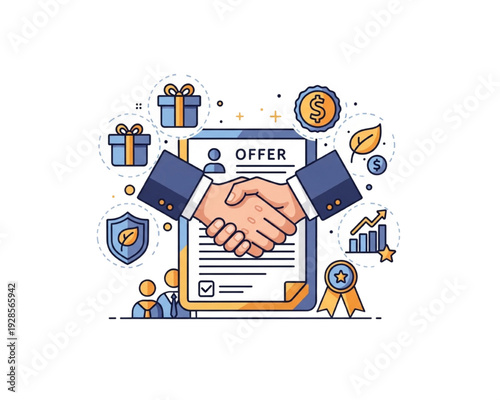 Business Job Offer Handshake Contract Deal Partnership Agreement Benefits Salary Bonus Security Eco Gift Dollar Star Icons Flat Line Vector Blue Orange Transparent