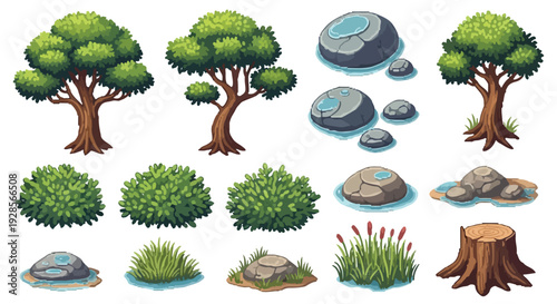 A collection of stylized cartoon nature elements including trees, bushes, rocks with water, grass, and a tree stump, isolated on white.