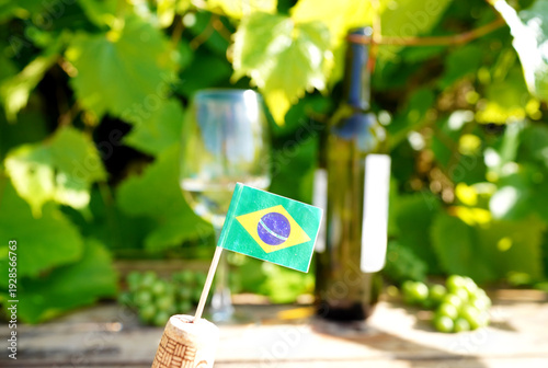 Brazilian wine with wine glass of white wine on table in vineyard. Brazilian flag as Winemaking, Brazil's Winery. Tasting white wine in Brazilian vineyard. 