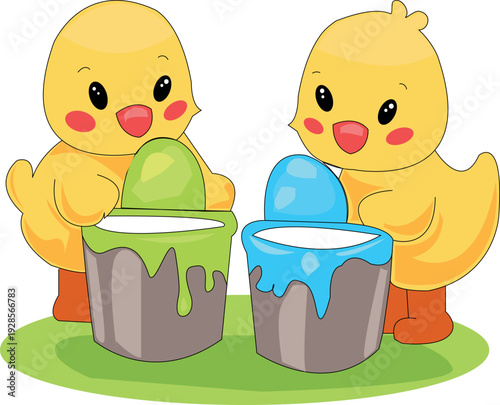 Cute cartoon chicks painting colorful Easter eggs in buckets on green grass. Adorable spring holiday vector illustration in flat style for kids design, greeting cards, stickers and seasonal Easter dec