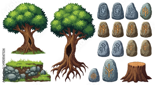 A collection of cartoon-style natural elements including trees, a grassy rock wall, a tree stump, and several runic stones.