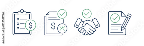 Business Contract Icon Set, handshake agreement icons, corporate deal contract vector illustration for business documentation