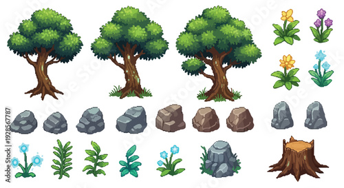 A charming collection of pixel art natural environment assets, featuring diverse trees, rocks, flowers, and foliage, perfect for game design.