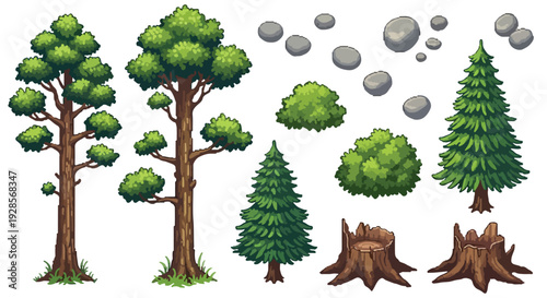 A vibrant collection of cartoon-style forest and outdoor elements, including various trees, bushes, rocks, and tree stumps.