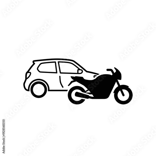 Stylized black and white outline icon illustrating a compact automobile alongside a sleek motorcycle, representing a variety of personal transportation modes and vehicle types