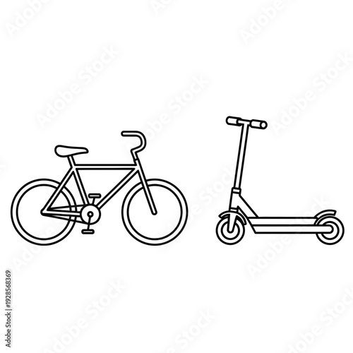Clean and Modern Flat Line Icons of a Bicycle and a Kick Scooter, Symbolizing Urban Personal Transport, Eco-Friendly Commuting, Sustainable Travel, and Active Lifestyle for City Dwellers