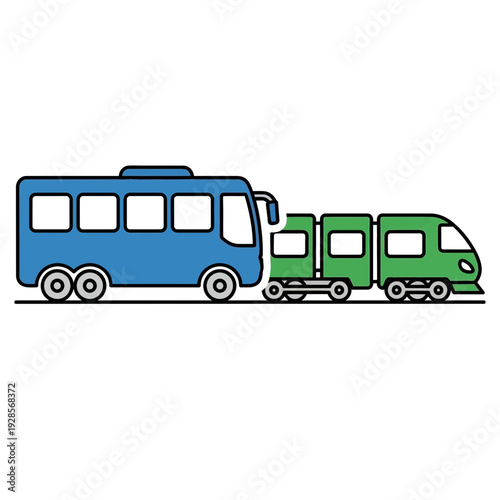 Simple graphic illustration featuring a blue public transport bus and a green passenger train, depicting modern urban and intercity travel options