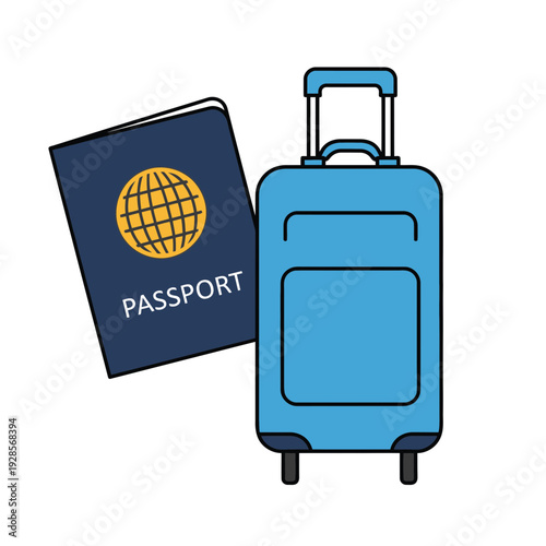 Minimalist icon of a passport and blue rolling luggage, symbolizing travel and global exploration for your next adventure