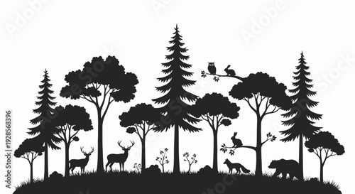 Black silhouette of forest animals trees.
