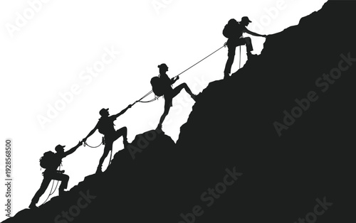 Silhouette of four climbers ascending steep mountain slope with backpacks and ropes, symbolizing teamwork, perseverance, collaboration, and overcoming challenges in vector design