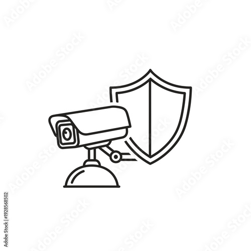 Outline icon of a security camera and shield, representing modern surveillance, digital protection, safety, and monitoring systems for comprehensive security measures