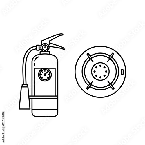 Line art icons depicting essential home and workplace safety, featuring a modern fire extinguisher and a gas stove burner for hazard prevention and protection in various environments