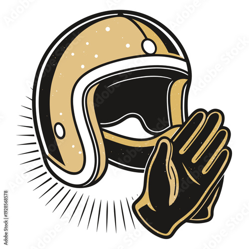Motorcycle helmet and gloves in vintage style with gold accents  