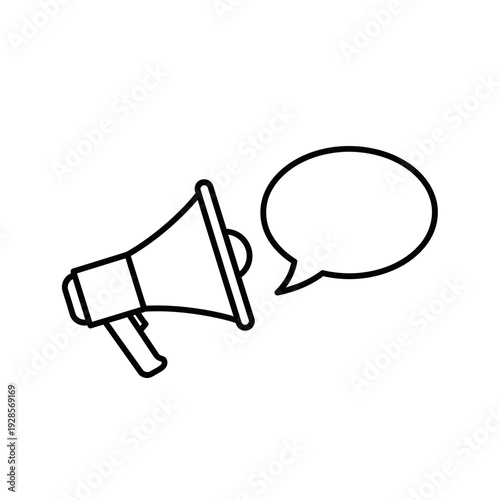 Flat vector line art icon of a megaphone with an empty speech bubble, symbolizing important announcements, public speaking, or marketing communication