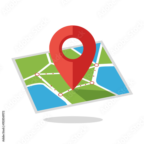 Red Location Pin on a Stylized Map with Blue Water Features and Green Land Areas