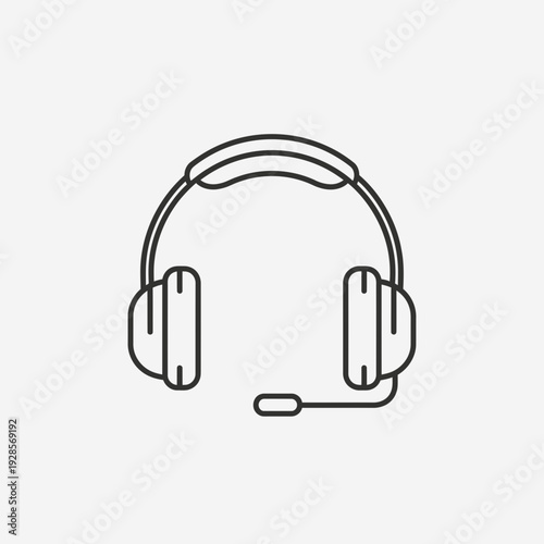 A simple, clean line art illustration of a headset with a microphone, perfect for representing communication, support, or audio technology