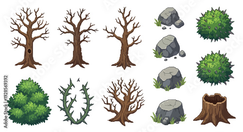 A digital collection of nature assets in a pixel-art style, featuring bare trees, green bushes, rocks with grass, a thorny vine, and a tree stump.
