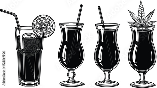 Cocktail and mocktail glasses set with straw citrus garnish beverage vector illustration collection