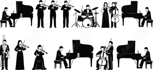 Classical music orchestra silhouettes with piano violin cello and drummer vector collection set