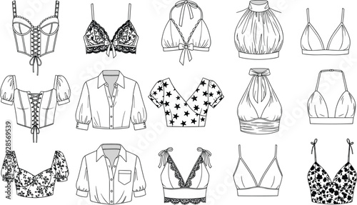 Collection of stylish women crop tops and bralettes fashion line art vector set
