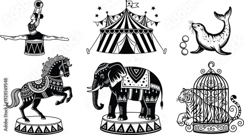 Circus animals and performers collection including elephant tiger seal horse and tent vector set