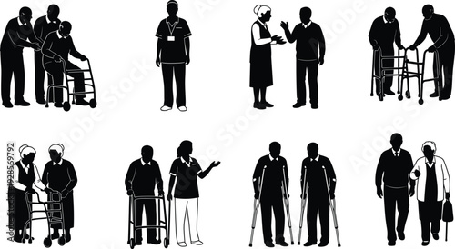 Elderly care and nursing assistance silhouettes senior support medical caregiver vector collection
