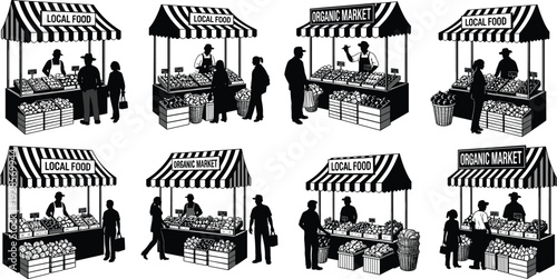 Farmers market stalls with local food and organic produce vendors silhouette set isolated on white background