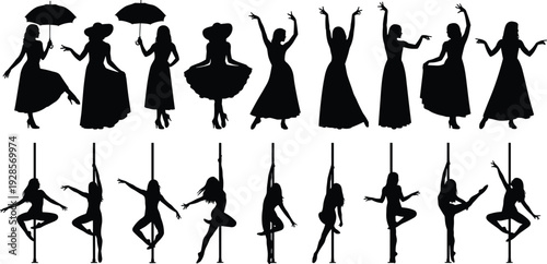 Female dancer silhouettes collection elegant women dancing and pole dance poses vector set