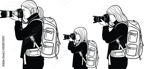 Female Photographers Using DSLR Cameras with Backpacks Professional Photography Silhouette Vector Set on White Background