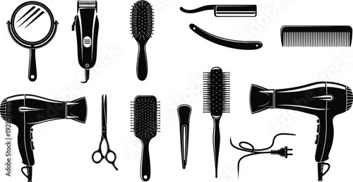 Hair styling tools and barber equipment collection including dryer clipper comb brush vector set