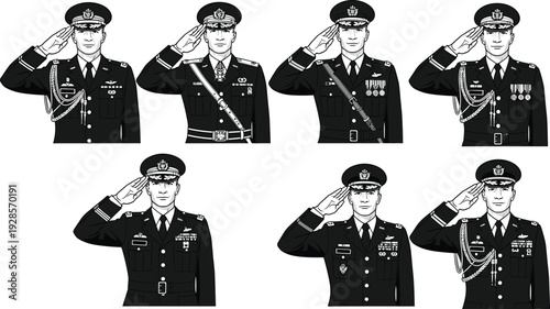 Military officer salute collection in formal uniform detailed vector illustration isolated on white backgroundPrint