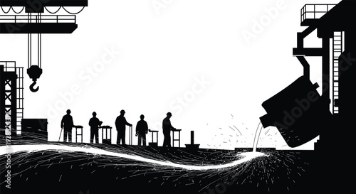 Steel factory workers pouring molten metal in foundry industrial silhouette vector illustration scene