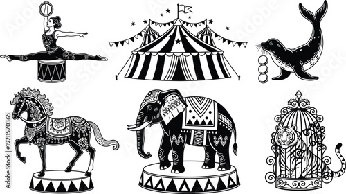 Vintage circus elements collection with performers animals and big top tent detailed vector illustration