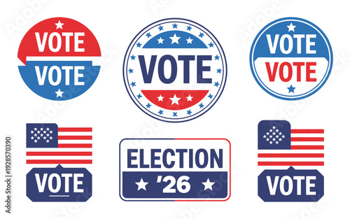 Election 2026 Stickers Collection, voting campaign badges, political election support icons, voter engagement vector set.
