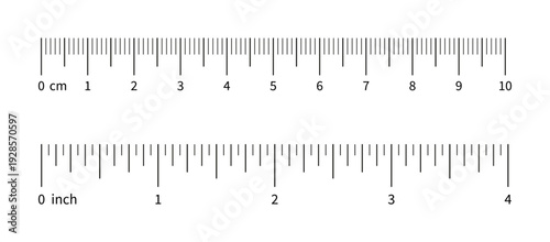 Ruler scale, measuring chart with 4 inches and 10 centimeters. Length measurement distance, height, math. Template of sewing tool