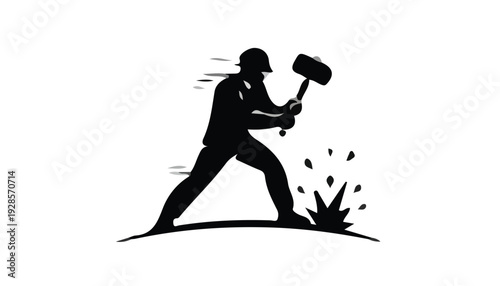 Silhouette of a man wearing a hard hat swinging a sledgehammer on a white background with motion lines and debris.