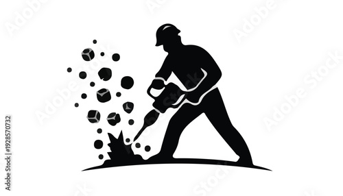 Silhouette of a man drilling into the ground with a jackhammer, surrounded by debris and dust particles.
