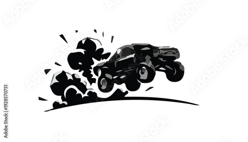 A black silhouette of a monster truck jumping with explosion and motion lines on a white background.
