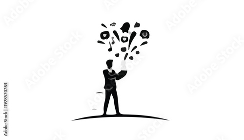 Silhouette of a businessman holding a tablet with various icons and symbols floating above his head on a plain white background.