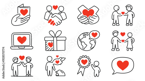 Community Trust Hand Line Icon, social heart doodle, charity partnership care people solidarity help hand-drawn vector set.
