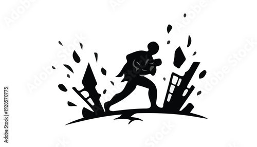 Silhouette of a person running from exploding buildings and debris on a white background.